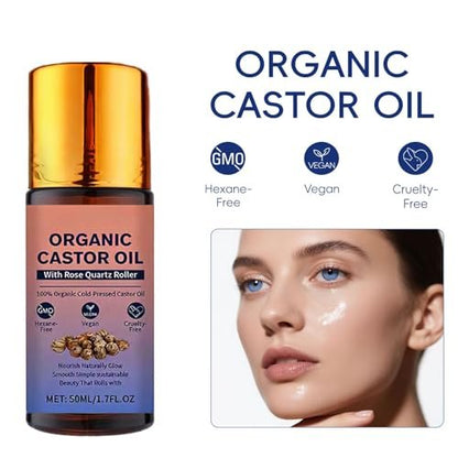 Organic Castor Oil Roll On with Rose Quartz Roller - 100% Pure Cold Pressed, Hexane-Free for Face, Body, Hair & Eyebrows (1.7 Fl Oz) Avelisse
