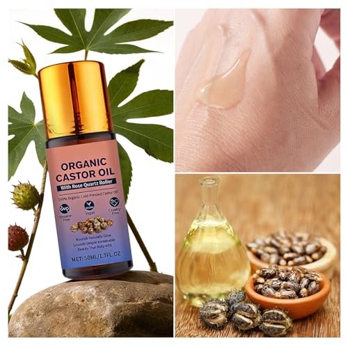 Organic Castor Oil Roll On with Rose Quartz Roller - 100% Pure Cold Pressed, Hexane-Free for Face, Body, Hair & Eyebrows (1.7 Fl Oz) Avelisse