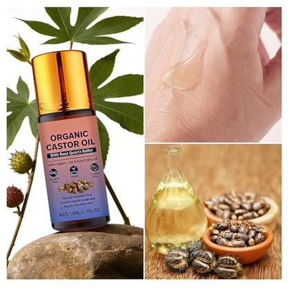 Organic Castor Oil Roll On with Rose Quartz Roller - 100% Pure Cold Pressed, Hexane-Free for Face, Body, Hair & Eyebrows (1.7 Fl Oz) Avelisse