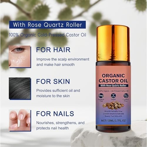 Organic Castor Oil Roll On with Rose Quartz Roller - 100% Pure Cold Pressed, Hexane-Free for Face, Body, Hair & Eyebrows (1.7 Fl Oz) Avelisse