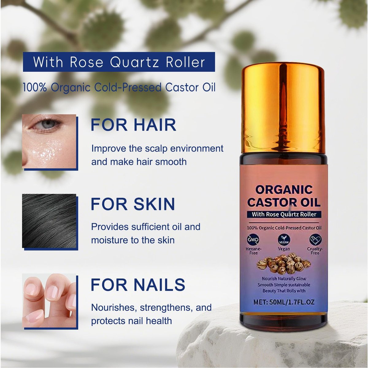 Organic Castor Oil Roll On with Rose Quartz Roller - 100% Pure Cold Pressed, Hexane-Free for Face, Body, Hair & Eyebrows (1.7 Fl Oz) Avelisse