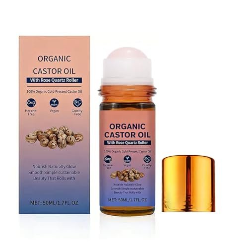 Organic Castor Oil Roll On with Rose Quartz Roller - 100% Pure Cold Pressed, Hexane-Free for Face, Body, Hair & Eyebrows (1.7 Fl Oz) Avelisse