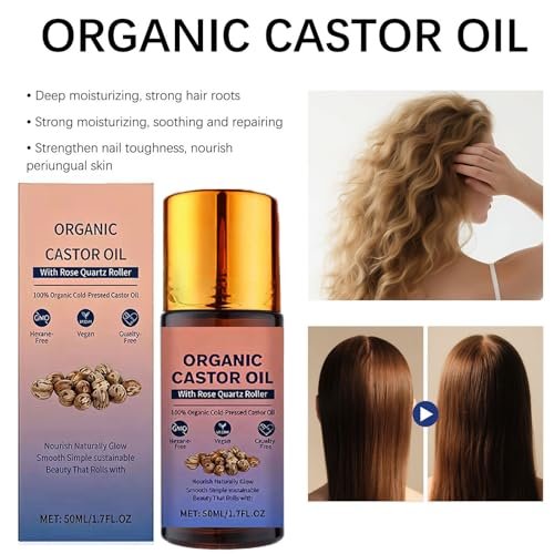 Organic Castor Oil Roll On with Rose Quartz Roller - 100% Pure Cold Pressed, Hexane-Free for Face, Body, Hair & Eyebrows (1.7 Fl Oz) Avelisse