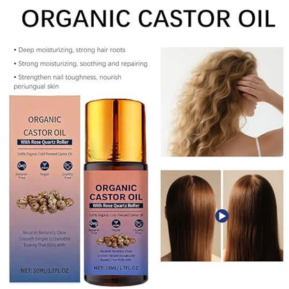 Organic Castor Oil Roll On with Rose Quartz Roller - 100% Pure Cold Pressed, Hexane-Free for Face, Body, Hair & Eyebrows (1.7 Fl Oz) Avelisse