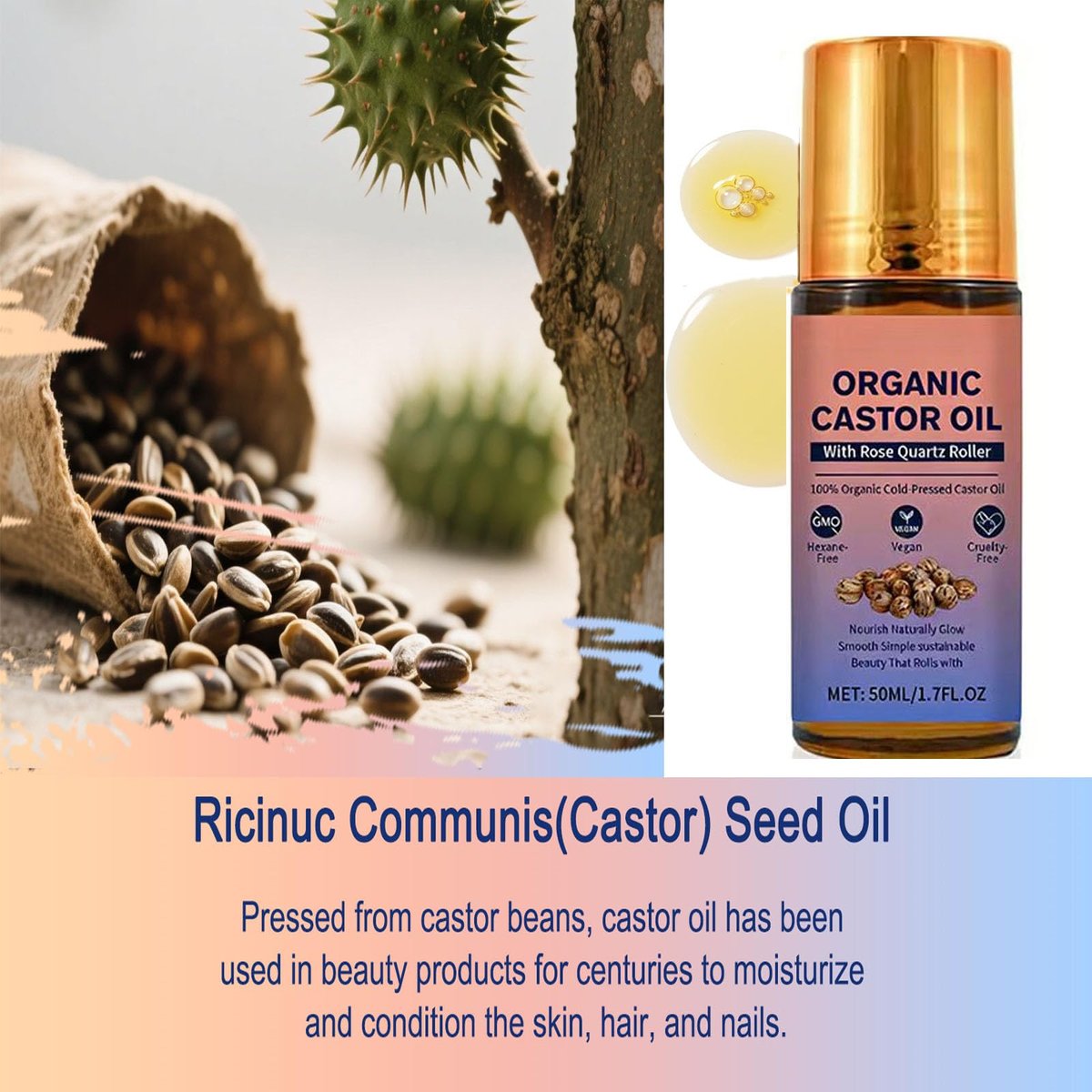 Organic Castor Oil Roll On with Rose Quartz Roller - 100% Pure Cold Pressed, Hexane-Free for Face, Body, Hair & Eyebrows (1.7 Fl Oz) Avelisse