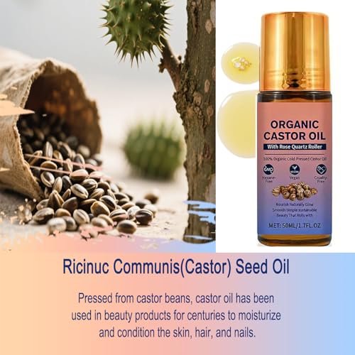 Organic Castor Oil Roll On with Rose Quartz Roller - 100% Pure Cold Pressed, Hexane-Free for Face, Body, Hair & Eyebrows (1.7 Fl Oz) Avelisse