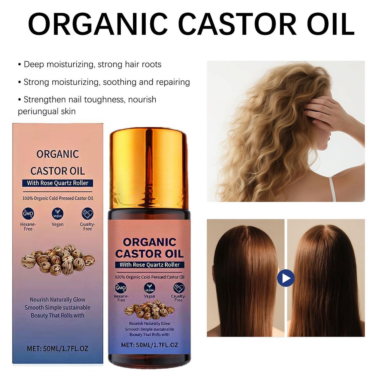 Organic Castor Oil Roll On with Rose Quartz Roller - 100% Pure Cold Pressed, Hexane-Free for Face, Body, Hair & Eyebrows (1.7 Fl Oz) Avelisse