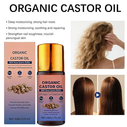 Organic Castor Oil Roll On with Rose Quartz Roller - 100% Pure Cold Pressed, Hexane-Free for Face, Body, Hair & Eyebrows (1.7 Fl Oz) Avelisse