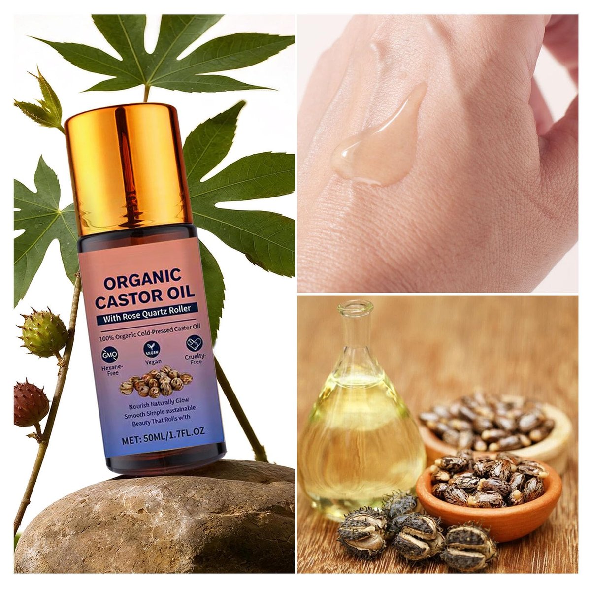Organic Castor Oil Roll On with Rose Quartz Roller - 100% Pure Cold Pressed, Hexane-Free for Face, Body, Hair & Eyebrows (1.7 Fl Oz) Avelisse