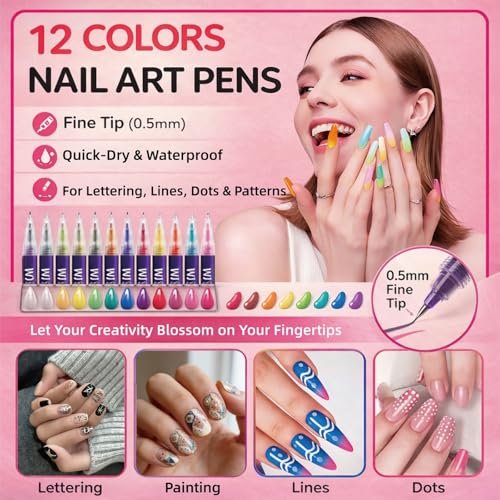LuneHe life 12 Colors Nail Art Pens Set - Quick Dry Nail Polish Markers for Drawing, Painting & Dotting, DIY Manicure Tools for Home Salon Use Avelisse