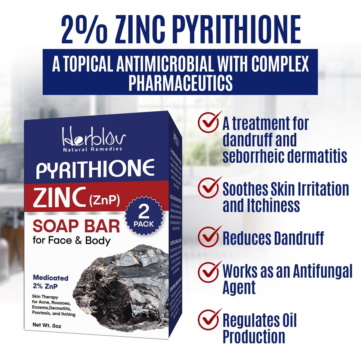 Herblov Zinc Soap Bar with Pyrithione – Gentle All-Natural Face & Body Wash for Oily, Sensitive & Blemish-Prone Skin – Daily Cleansing Exfoliating Bar – Made in USA (4 oz, Pack of 2) Avelisse