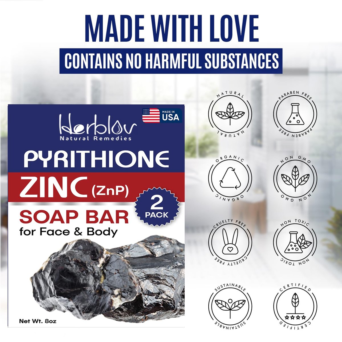Herblov Zinc Soap Bar with Pyrithione – Gentle All-Natural Face & Body Wash for Oily, Sensitive & Blemish-Prone Skin – Daily Cleansing Exfoliating Bar – Made in USA (4 oz, Pack of 2) Avelisse