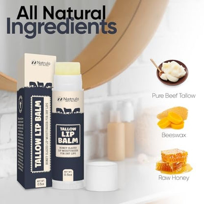 Natrulo Beef Tallow Lip Balm – All Natural Tallow & Beeswax Chapstick – Hydrating Moisturizing Grass Fed Tallow Lip Care – Soothes Chapped, Dry, Sensitive Lips – Long Lasting & Vitamin Rich, Made in USA