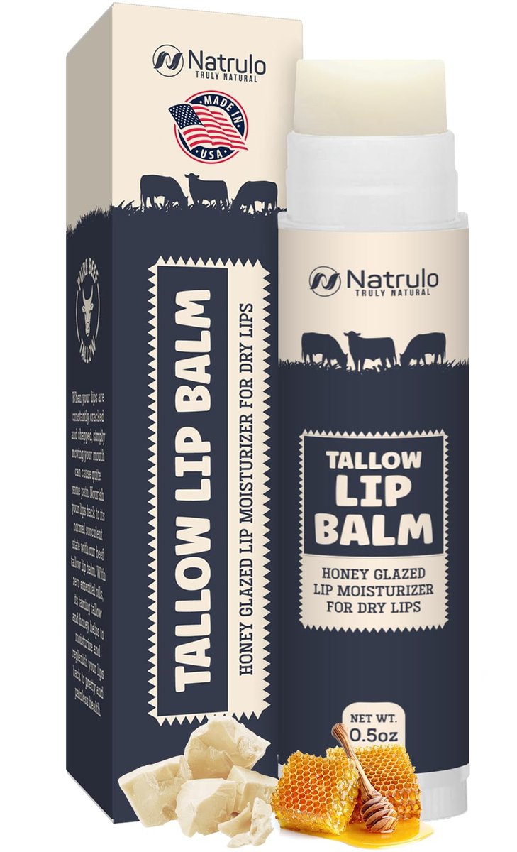 Natrulo Beef Tallow Lip Balm – All Natural Tallow & Beeswax Chapstick – Hydrating Moisturizing Grass Fed Tallow Lip Care – Soothes Chapped, Dry, Sensitive Lips – Long Lasting & Vitamin Rich, Made in USA - görsel 1