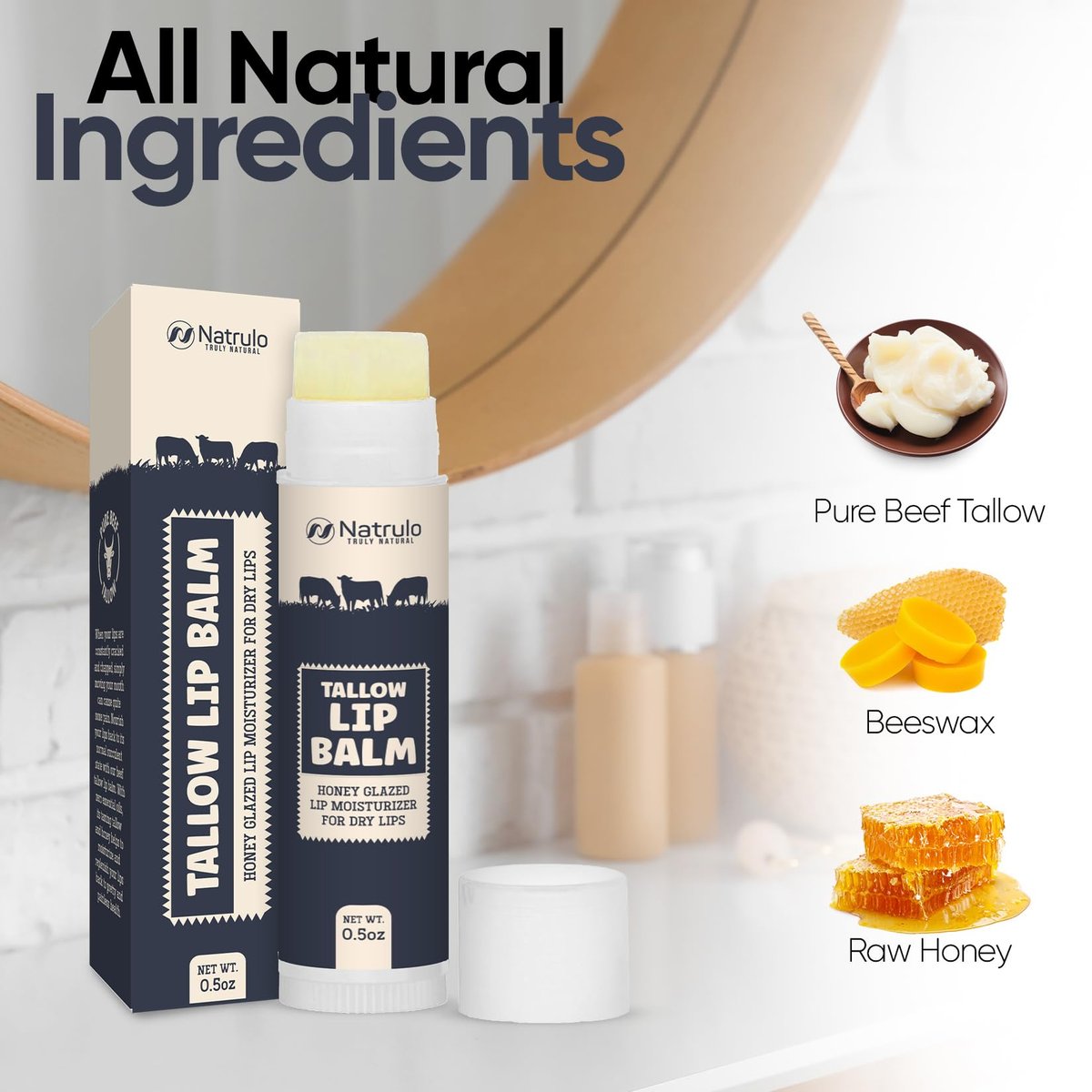 Natrulo Beef Tallow Lip Balm – All Natural Tallow & Beeswax Chapstick – Hydrating Moisturizing Grass Fed Tallow Lip Care – Soothes Chapped, Dry, Sensitive Lips – Long Lasting & Vitamin Rich, Made in USA - görsel 11