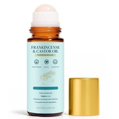 EHAUTO Frankincense and Castor Oil Rose Roller – Cold-Pressed Castor Oil Roll-On with Removable Rose | Firms Smooths Skin, Suitable for Face, Neck, Abdomen, 50ML/1.7OZ Avelisse