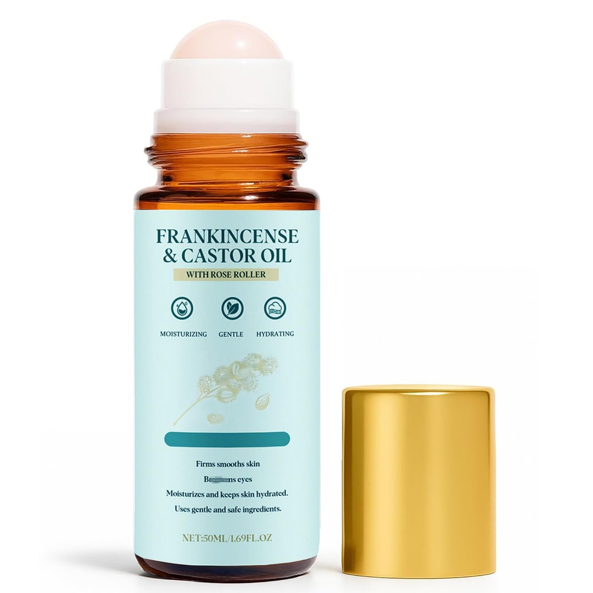 EHAUTO Frankincense and Castor Oil Rose Roller – Cold-Pressed Castor Oil Roll-On with Removable Rose | Firms Smooths Skin, Suitable for Face, Neck, Abdomen, 50ML/1.7OZ Avelisse