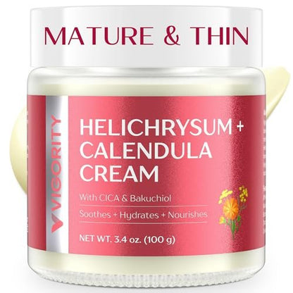 Vigority Calendula Cream – Soothes Mature, Thin & Fragile Skin with Helichrysum, Bakuchiol & CICA – Hydrates, Nourishes & Strengthens Skin Barrier – Non-greasy, Fragrance Free, 3.4 oz Avelisse