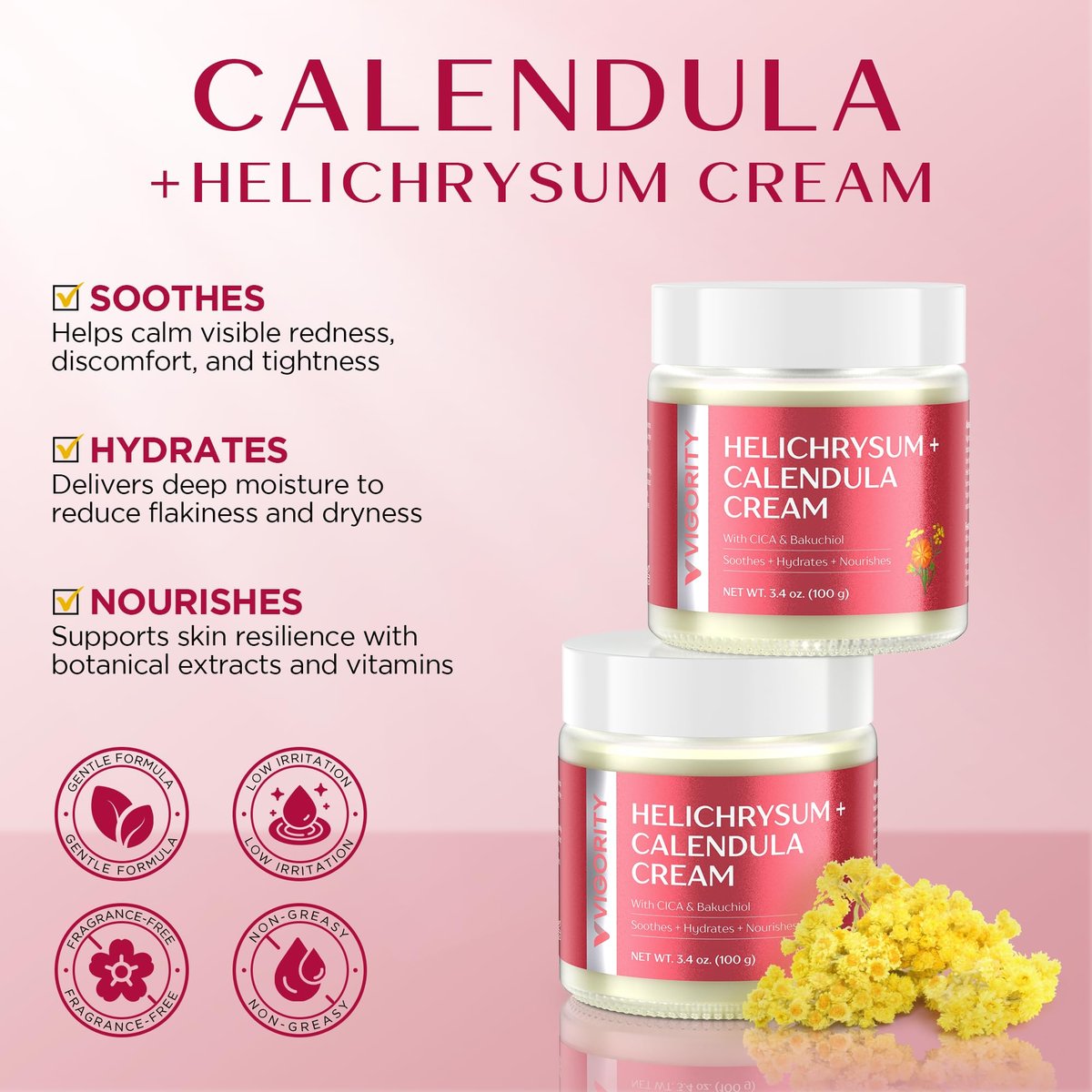 Vigority Calendula Cream – Soothes Mature, Thin & Fragile Skin with Helichrysum, Bakuchiol & CICA – Hydrates, Nourishes & Strengthens Skin Barrier – Non-greasy, Fragrance Free, 3.4 oz Avelisse