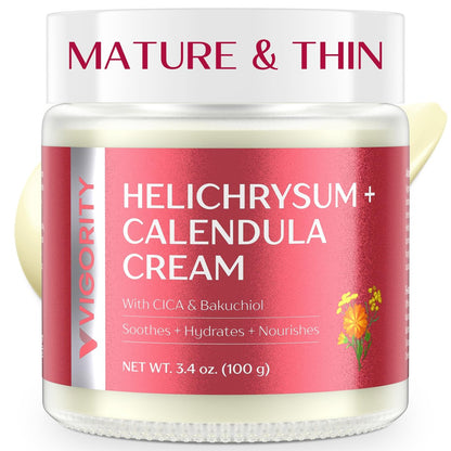 Vigority Calendula Cream – Soothes Mature, Thin & Fragile Skin with Helichrysum, Bakuchiol & CICA – Hydrates, Nourishes & Strengthens Skin Barrier – Non-greasy, Fragrance Free, 3.4 oz Avelisse