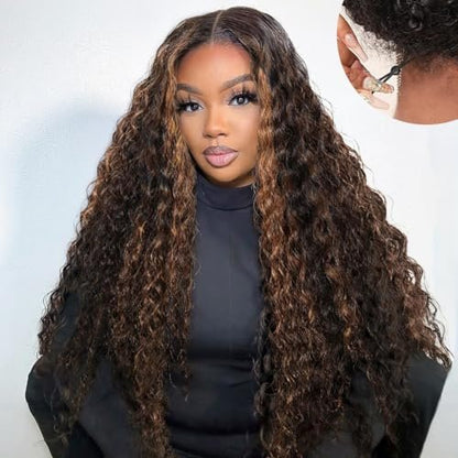 Lemiva 7x5 Balayage Highlight Lace Front Wig Human Hair Pre Plucked Pre Cut HD Lace Glueless Wigs 200% Density Deep Wave Lace Front Wigs Human Hair 26 Inch Ombre FB/30 Wear Go Drawstring Wig for Women Avelisse