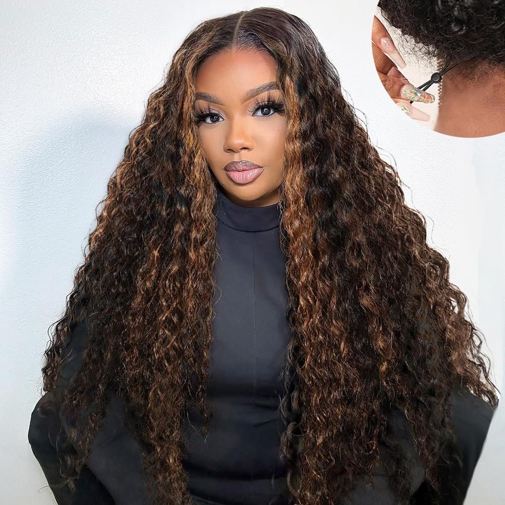 Lemiva 7x5 Balayage Highlight Lace Front Wig Human Hair Pre Plucked Pre Cut HD Lace Glueless Wigs 200% Density Deep Wave Lace Front Wigs Human Hair 26 Inch Ombre FB/30 Wear Go Drawstring Wig for Women Avelisse
