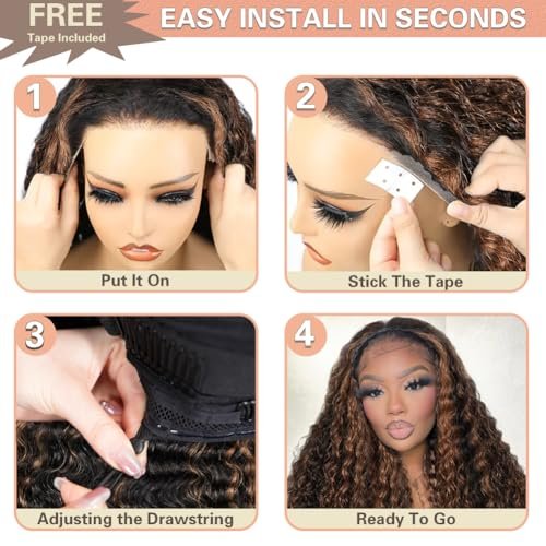 Lemiva 7x5 Balayage Highlight Lace Front Wig Human Hair Pre Plucked Pre Cut HD Lace Glueless Wigs 200% Density Deep Wave Lace Front Wigs Human Hair 26 Inch Ombre FB/30 Wear Go Drawstring Wig for Women Avelisse