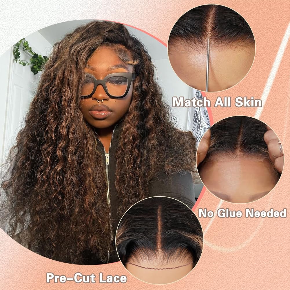 Lemiva 7x5 Balayage Highlight Lace Front Wig Human Hair Pre Plucked Pre Cut HD Lace Glueless Wigs 200% Density Deep Wave Lace Front Wigs Human Hair 26 Inch Ombre FB/30 Wear Go Drawstring Wig for Women Avelisse