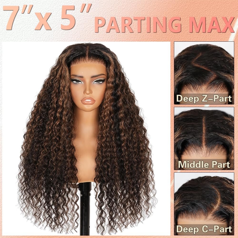 Lemiva 7x5 Balayage Highlight Lace Front Wig Human Hair Pre Plucked Pre Cut HD Lace Glueless Wigs 200% Density Deep Wave Lace Front Wigs Human Hair 26 Inch Ombre FB/30 Wear Go Drawstring Wig for Women Avelisse