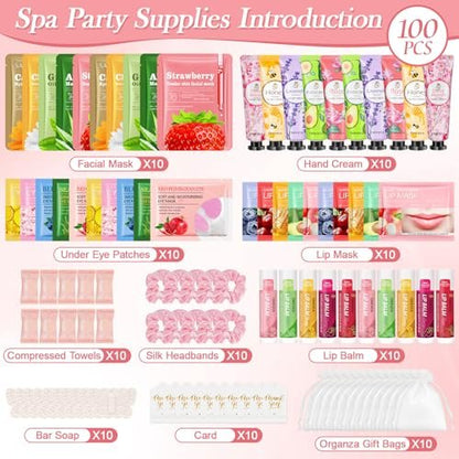 100 Pcs Spa Party Favors for Women – Bulk Facial Mask, Hand Cream, Lip Balms, Under Eye Patches & Lip Mask – Ultimate Spa Sleepover Party Supplies & Mother's Day Gift Avelisse