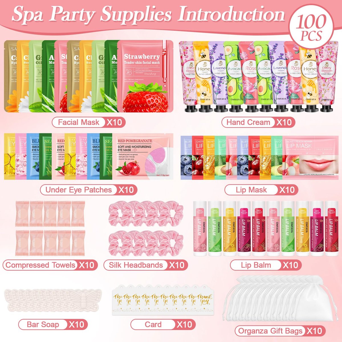 100 Pcs Spa Party Favors for Women – Bulk Facial Mask, Hand Cream, Lip Balms, Under Eye Patches & Lip Mask – Ultimate Spa Sleepover Party Supplies & Mother's Day Gift Avelisse