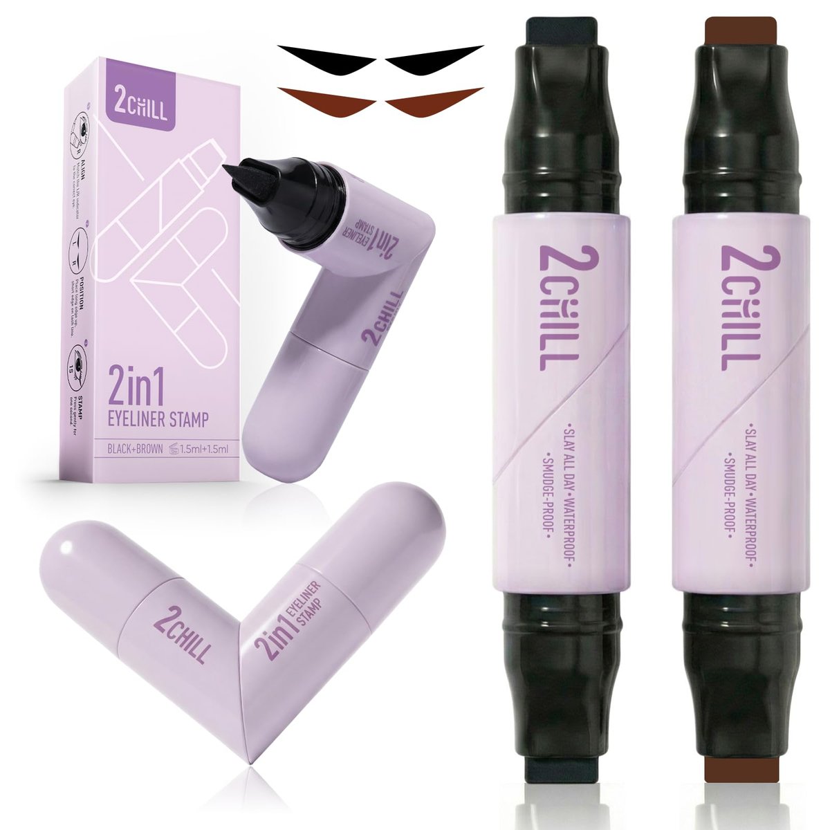 2CHILL 2-Pack Rotating Eyeliner Stamp Pen - Dual-Ended Winged Eyeliner Stamp, Cat Eye Tool, Waterproof & Smudge-Proof, Long-Lasting Matte Finish Liquid Eyeliner for Beginners, Black & Brown - görsel 1