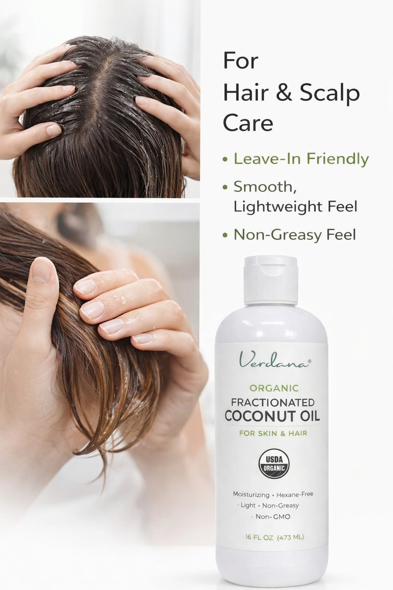 Verdana Organic Fractionated Coconut Oil – Lightweight, Fast Absorbing Carrier Oil for Skin, Hair & Scalp – USDA Organic, Unscented (16 Fl Oz) Avelisse