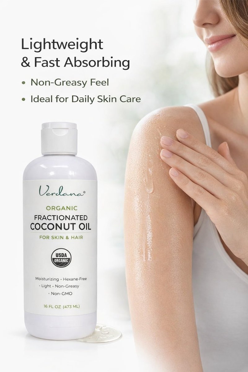 Verdana Organic Fractionated Coconut Oil – Lightweight, Fast Absorbing Carrier Oil for Skin, Hair & Scalp – USDA Organic, Unscented (16 Fl Oz) Avelisse