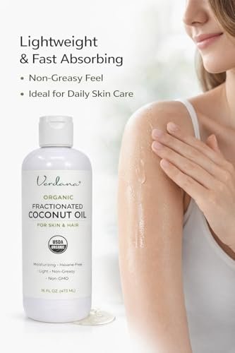 Verdana Organic Fractionated Coconut Oil – Lightweight, Fast Absorbing Carrier Oil for Skin, Hair & Scalp – USDA Organic, Unscented (16 Fl Oz) Avelisse