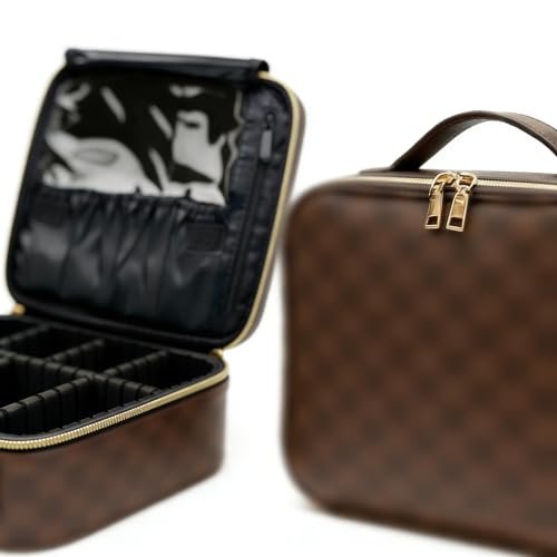 LEAFFUP Checkered Makeup Bag - Portable Cosmetic Case with Adjustable Partition, Leather Toiletry Travel Organizer for Women, Brown Avelisse