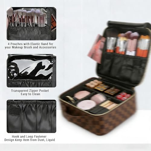 LEAFFUP Checkered Makeup Bag - Portable Cosmetic Case with Adjustable Partition, Leather Toiletry Travel Organizer for Women, Brown Avelisse