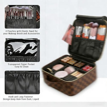 LEAFFUP Checkered Makeup Bag - Portable Cosmetic Case with Adjustable Partition, Leather Toiletry Travel Organizer for Women, Brown Avelisse