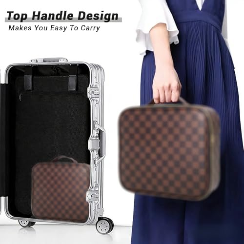 LEAFFUP Checkered Makeup Bag - Portable Cosmetic Case with Adjustable Partition, Leather Toiletry Travel Organizer for Women, Brown Avelisse