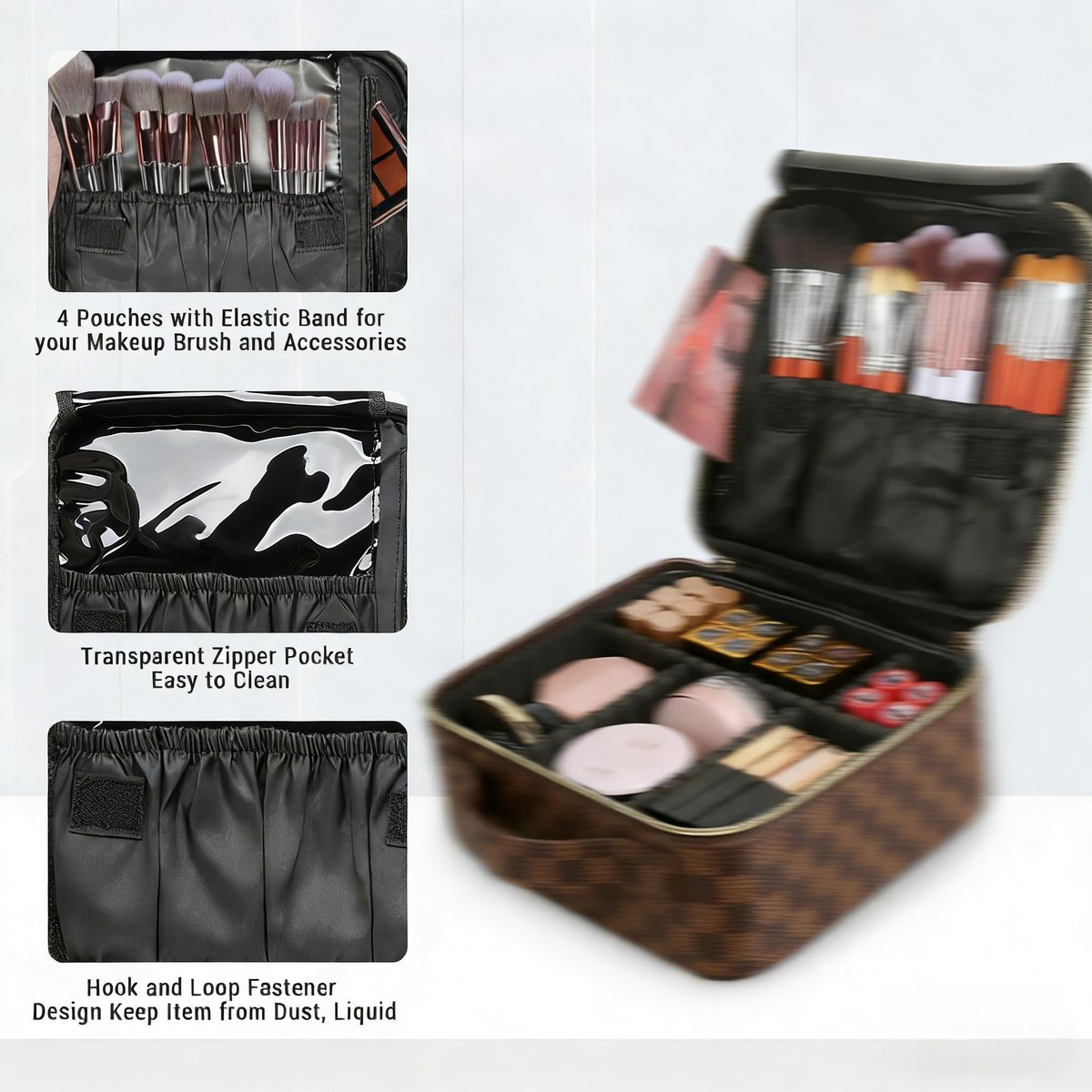 LEAFFUP Checkered Makeup Bag - Portable Cosmetic Case with Adjustable Partition, Leather Toiletry Travel Organizer for Women, Brown Avelisse