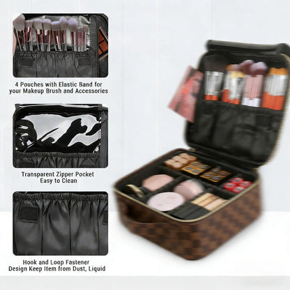 LEAFFUP Checkered Makeup Bag - Portable Cosmetic Case with Adjustable Partition, Leather Toiletry Travel Organizer for Women, Brown Avelisse