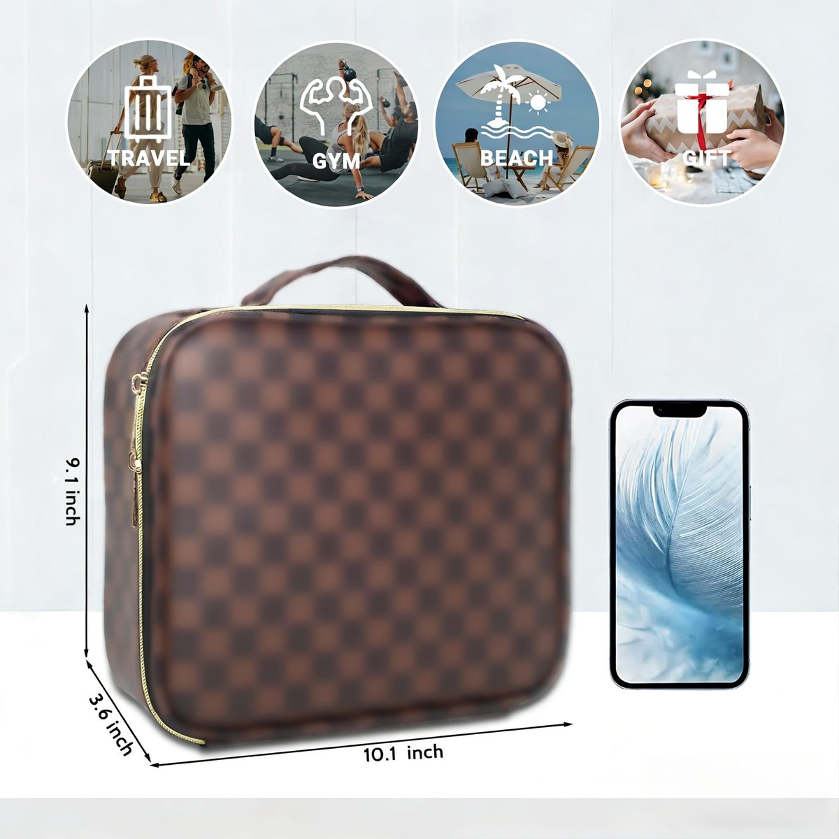 LEAFFUP Checkered Makeup Bag - Portable Cosmetic Case with Adjustable Partition, Leather Toiletry Travel Organizer for Women, Brown Avelisse