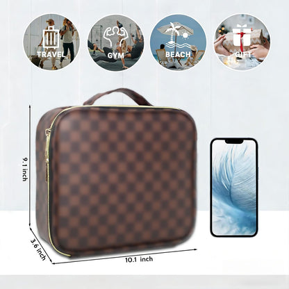 LEAFFUP Checkered Makeup Bag - Portable Cosmetic Case with Adjustable Partition, Leather Toiletry Travel Organizer for Women, Brown Avelisse