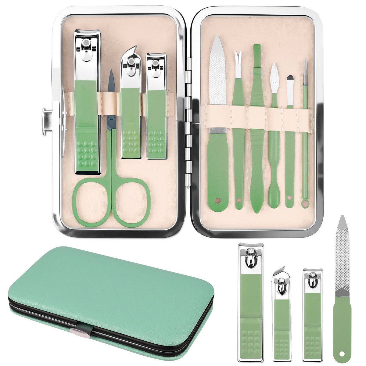 10-in-1 Manicure Set Gift for Women Men, Easter Basket Stuffers for Teens Boys, Matcha Green Travel Pedicure Kit with Nail Clippers & Grooming Tools Avelisse