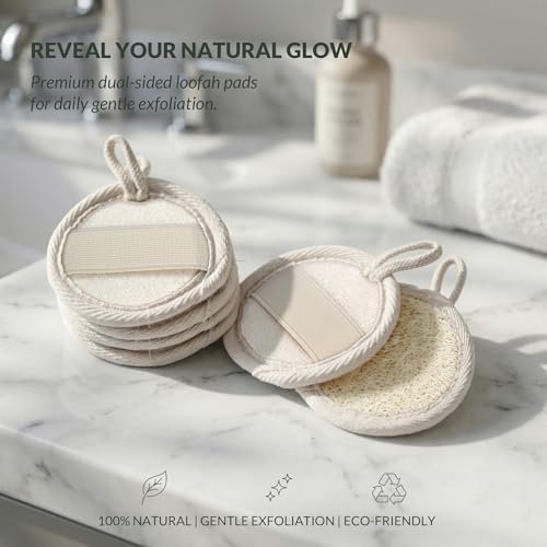Egyptian Loofah Face Scrubber Pads 6-Pack - Ultra Soft Natural Luffa Exfoliating Facial Sponge for Sensitive Skin, Plant-Based Biodegradable Makeup Remover with Elastic Strap Avelisse