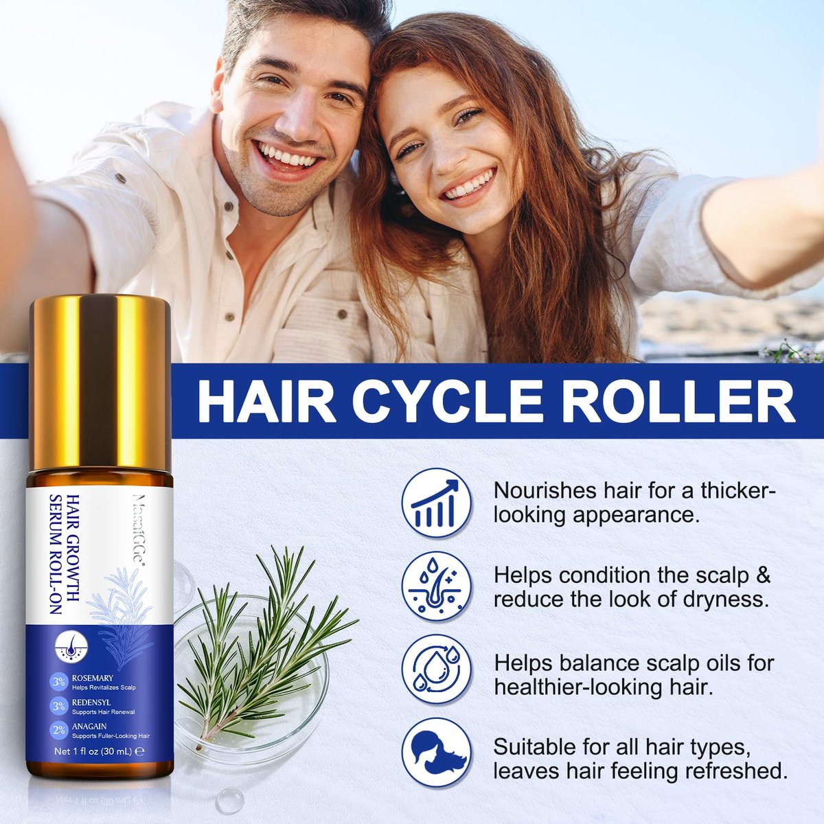 Hair Growth Serum Roll On with 3% Rosemary, 3% Redensyl, 2% Anagain - Nourish Hair Follicles & Support Scalp Health - 30ml - görsel 9
