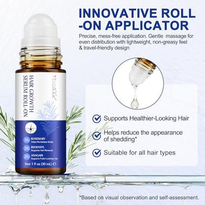 Hair Growth Serum Roll On with 3% Rosemary, 3% Redensyl, 2% Anagain - Nourish Hair Follicles & Support Scalp Health - 30ml