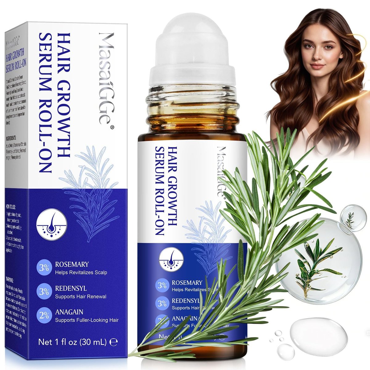 Hair Growth Serum Roll On with 3% Rosemary, 3% Redensyl, 2% Anagain - Nourish Hair Follicles & Support Scalp Health - 30ml - görsel 1