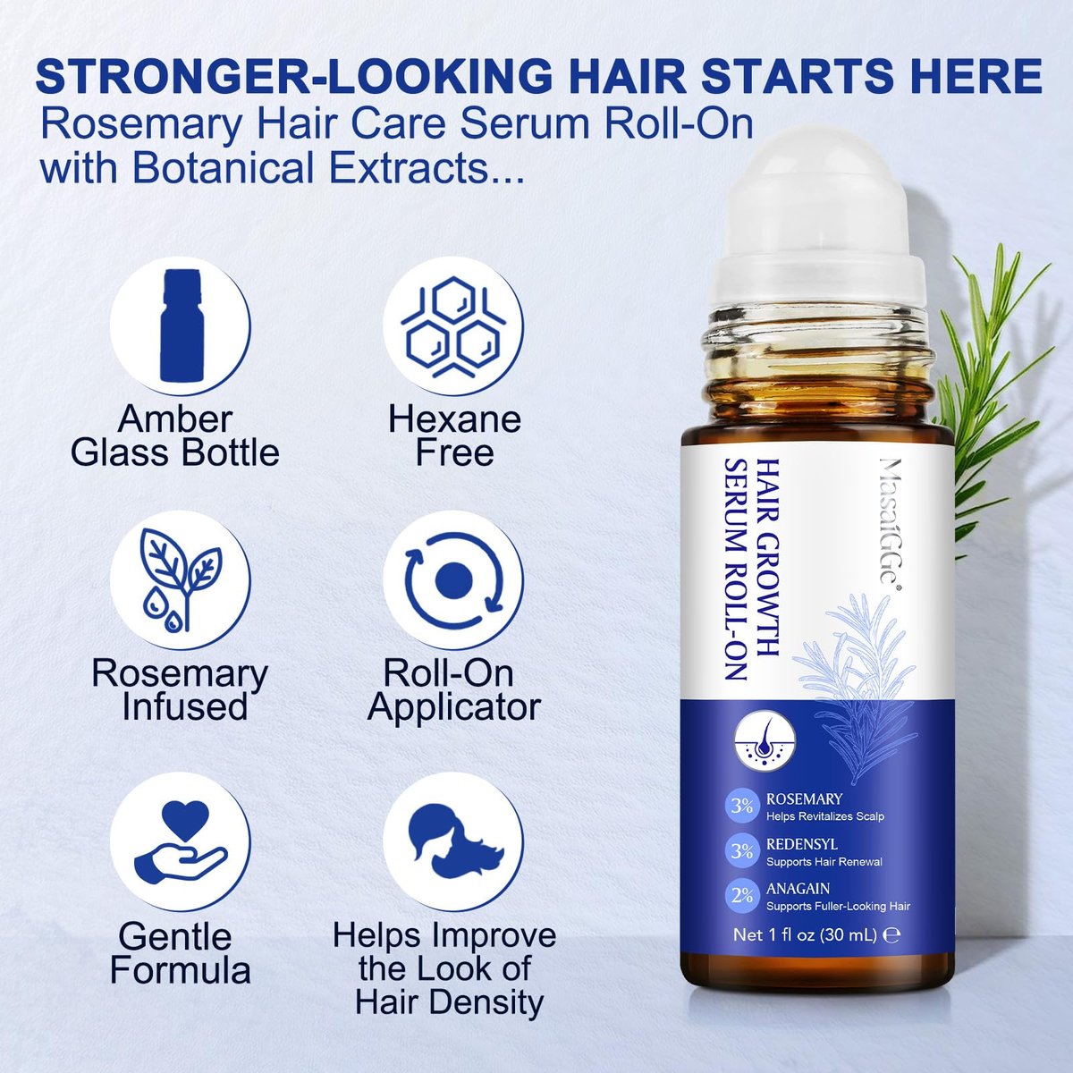 Hair Growth Serum Roll On with 3% Rosemary, 3% Redensyl, 2% Anagain - Nourish Hair Follicles & Support Scalp Health - 30ml - görsel 17