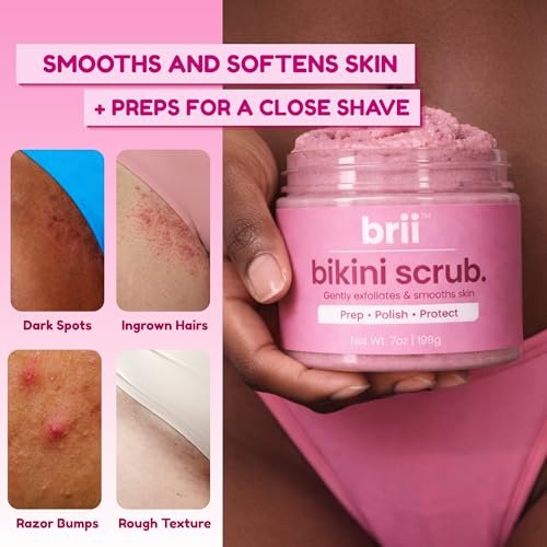 brii Exfoliating Pre Shave + Pre Wax Bikini Area Scrub – Gentle Bikini Line & Intimate Area Scrub for Razor Bumps, Ingrown Hairs & Dark Spots, Strawberry Sugar Pink, 7 oz Avelisse